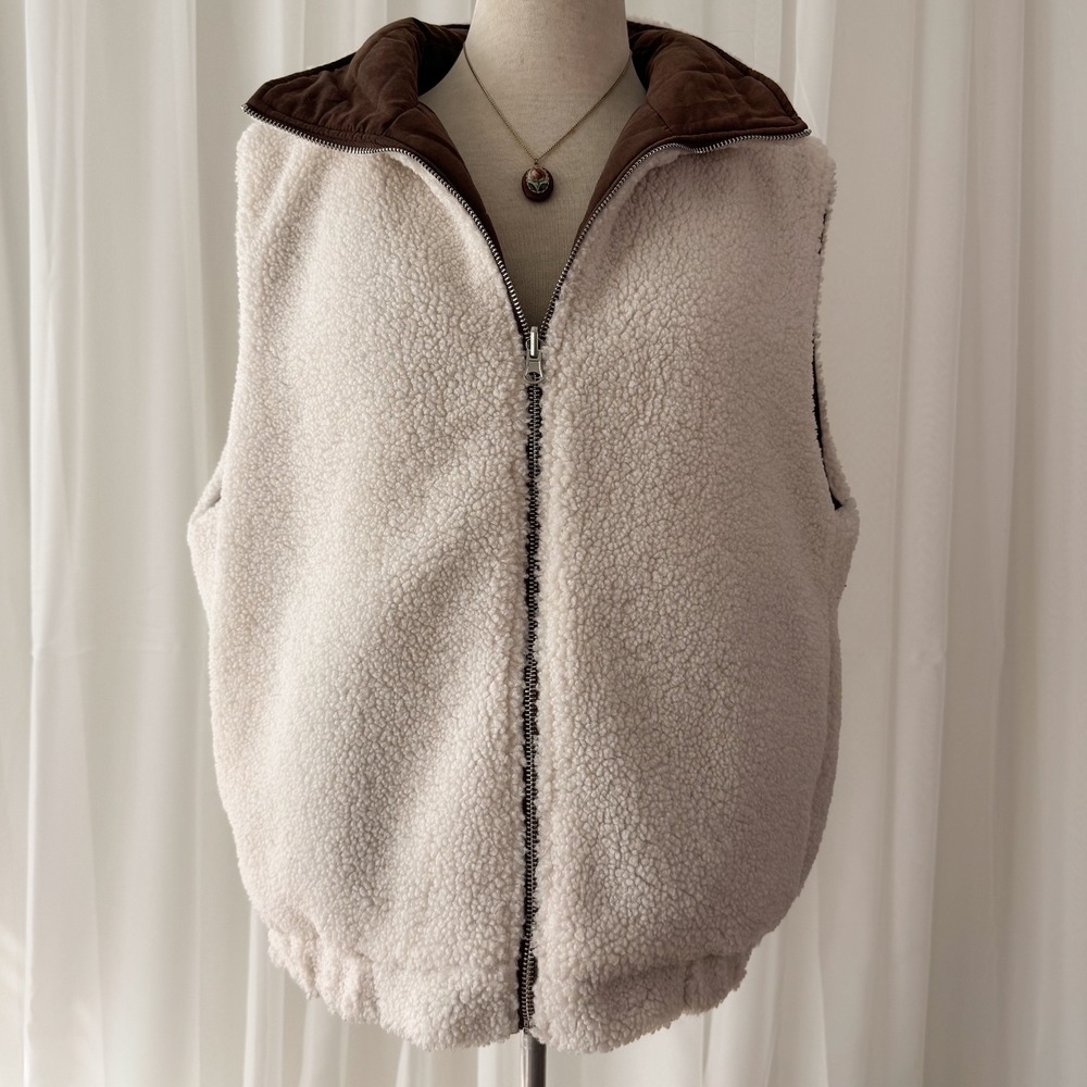 Reversible Puffer Vest Brown Cream Sherpa Fleece Cozy Layer Women's Medium - Picture 6 of 6